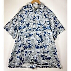 Go Barefoot Shirt Mens 2XL Blue Gray Popover Hawaiian Aloha Tropical Palm Tree